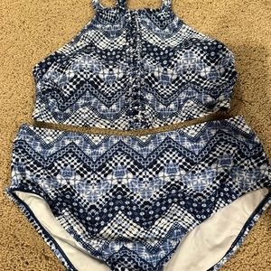 Blue and white patterned bikini set, full coverage bottoms, high neck halter top